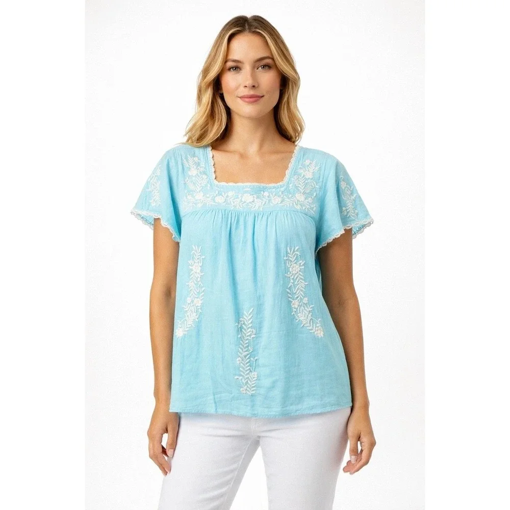 Lilly Pulitzer Tamryn Top Blue Ibiza Women's L Embroidered Cotton Blouse New - Picture 6 of 9